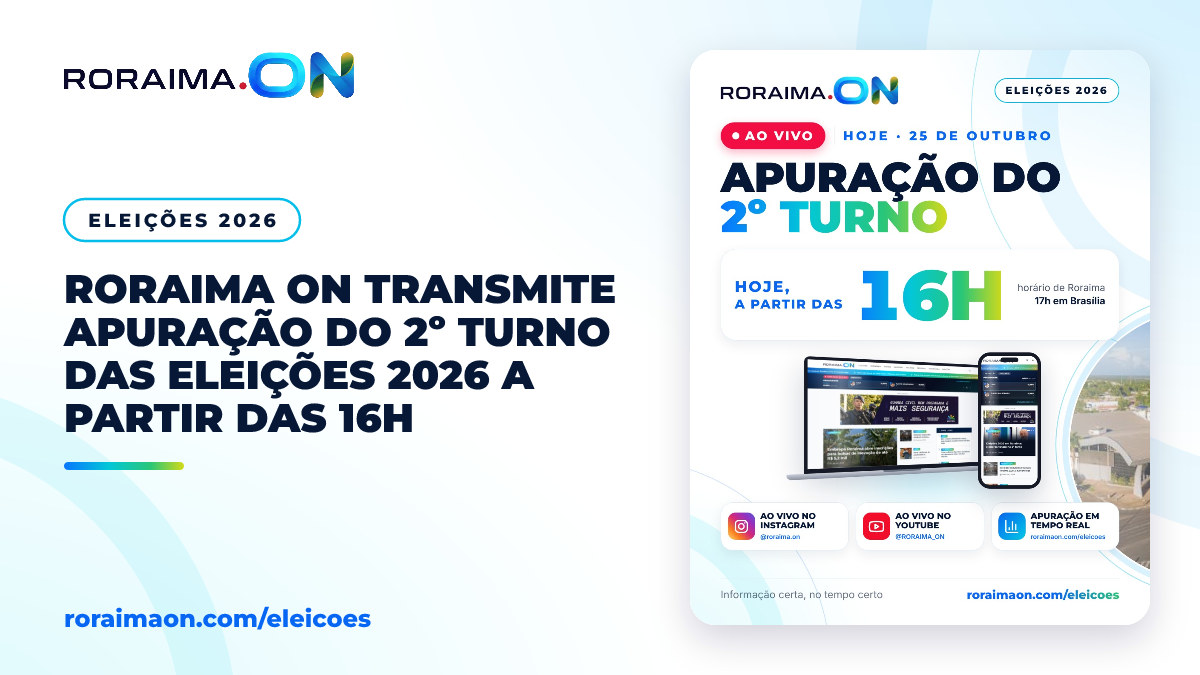 Arte gráfica do Roraima On com informações sobre a transmissão ao vivo da apuração do 2º turno das Eleições 2026.