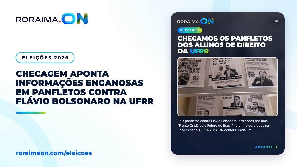 Arte gráfica do Roraima On com o título 'Checamos os panfletos dos alunos de Direito da UFRR' sobre fundo neutro.